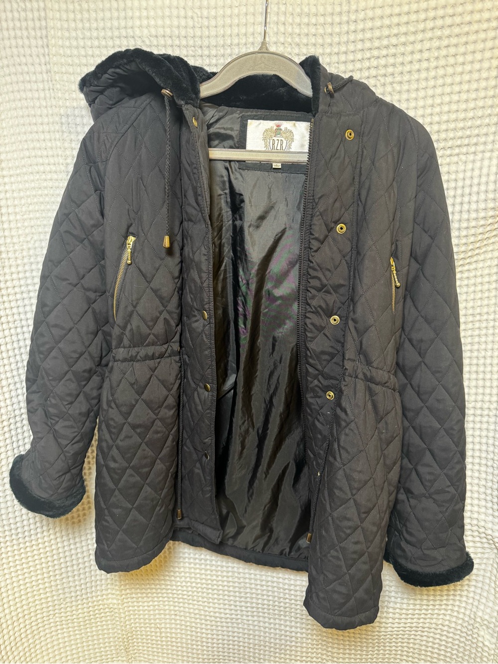 RZR Active Black Diamond Quilted Hooded Parka Jacket Faux Fur Trim, Size Small